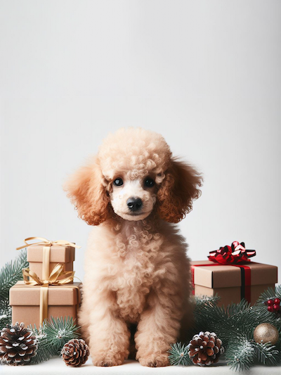 A brown Poodle puppy sitting with gift boxes, fir branches, pine cones and ornaments stock image