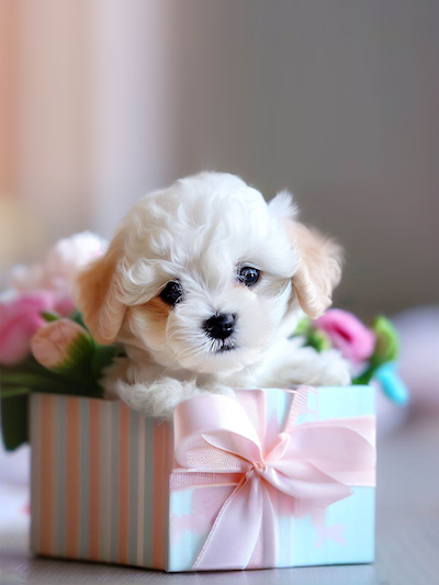 A white puppy sitting in a gift box with flowers on a wooden table stock image