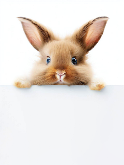 A brown bunny peeking over a white board with paws up on the board front view stock image